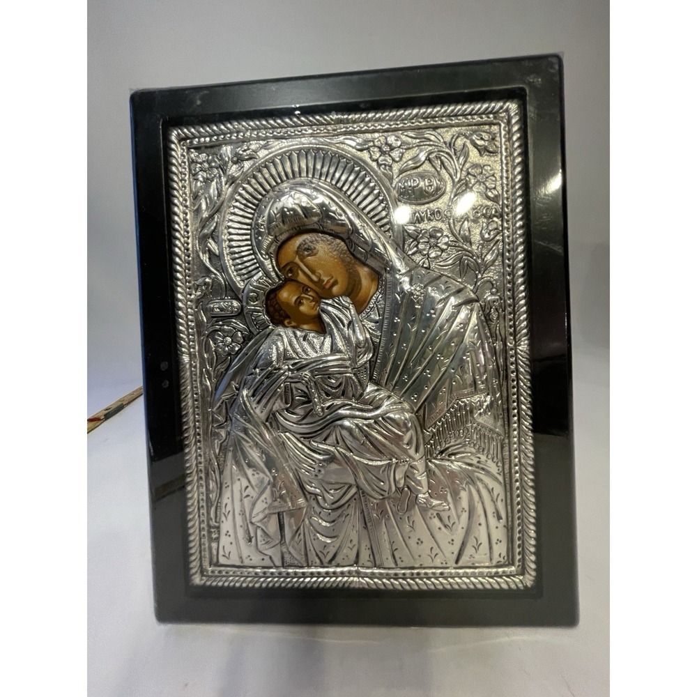 Framed Greek Byzantine Orthodox Virgin Mary and Child Silver and Enamel Icon